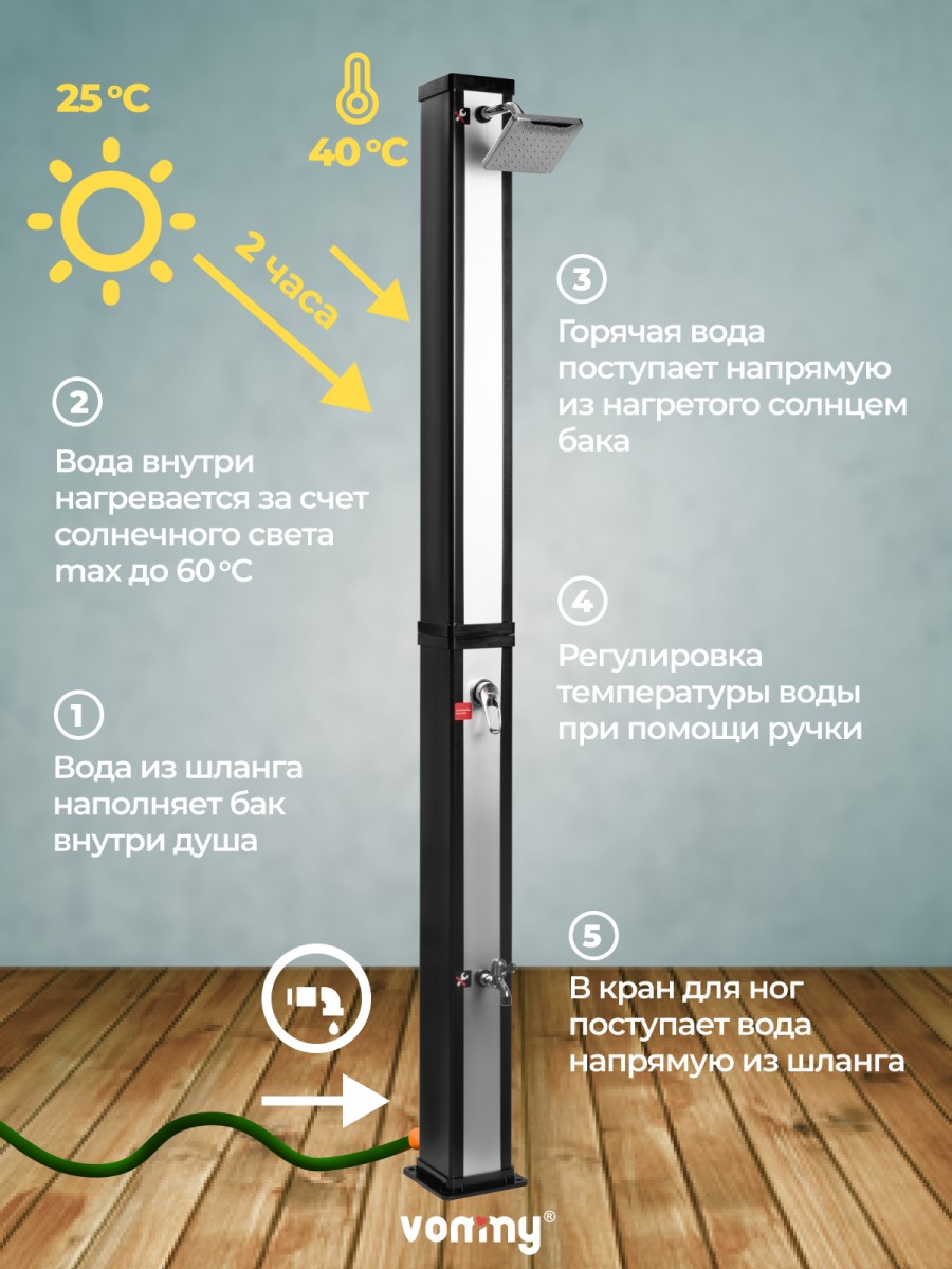 Солнечный уличный летний душ с подогревом от солнца Vommy. Объем 40 л, с краном для ног и большой лейкой для дачи, бассейна Солнечный уличный летний душ с подогревом от солнца Vommy. Объем 40 л, с краном для ног и большой лейкой для дачи, бассейна